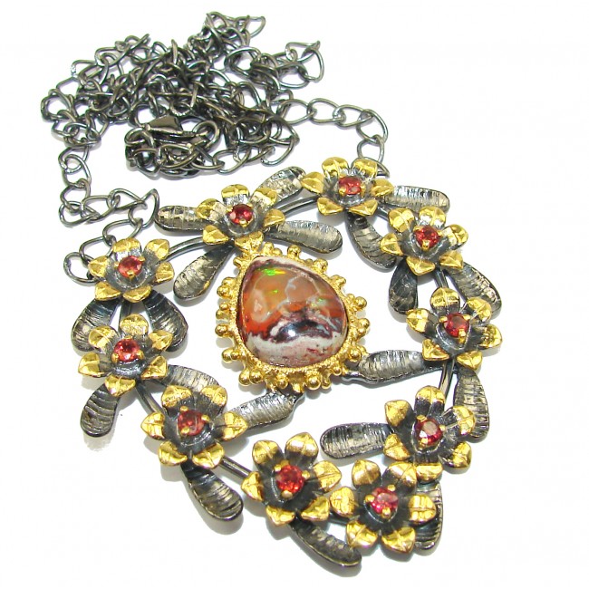 Sweet Heart Mexican Fire Opal Garnet Gold over .925 Sterling Silver handmade Necklace