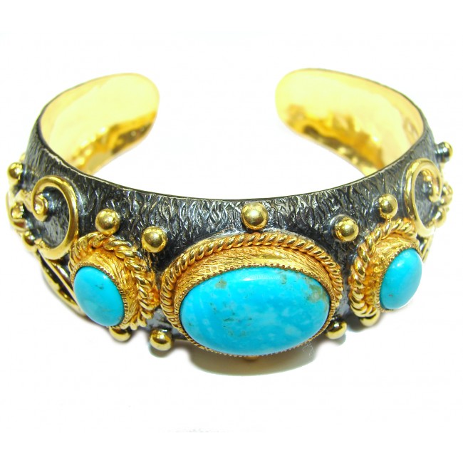 Baroque Design Genuine Blue Turquoise .925 Sterling Silver handmade Bracelet / Cuff