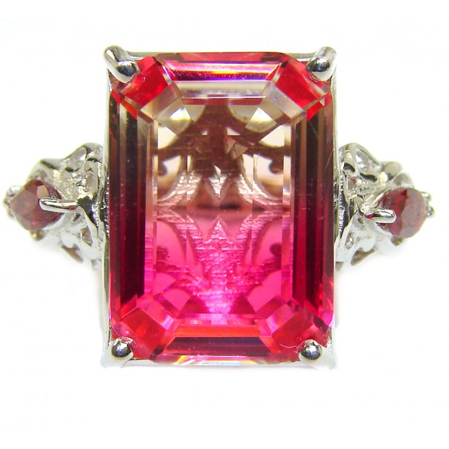 HUGE emerald cut Volcanic Pink Tourmaline Topaz .925 Sterling Silver handcrafted Ring s. 6 1/4