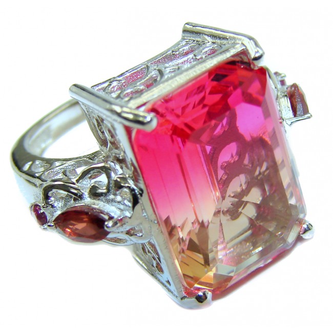 HUGE emerald cut Volcanic Pink Tourmaline Topaz .925 Sterling Silver handcrafted Ring s. 6 1/4