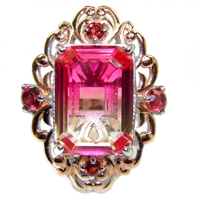 Huge Top Quality Volcanic Pink Tourmaline color Topaz 18 K Gold over .925 Sterling Silver handcrafted Ring s. 8 3/4