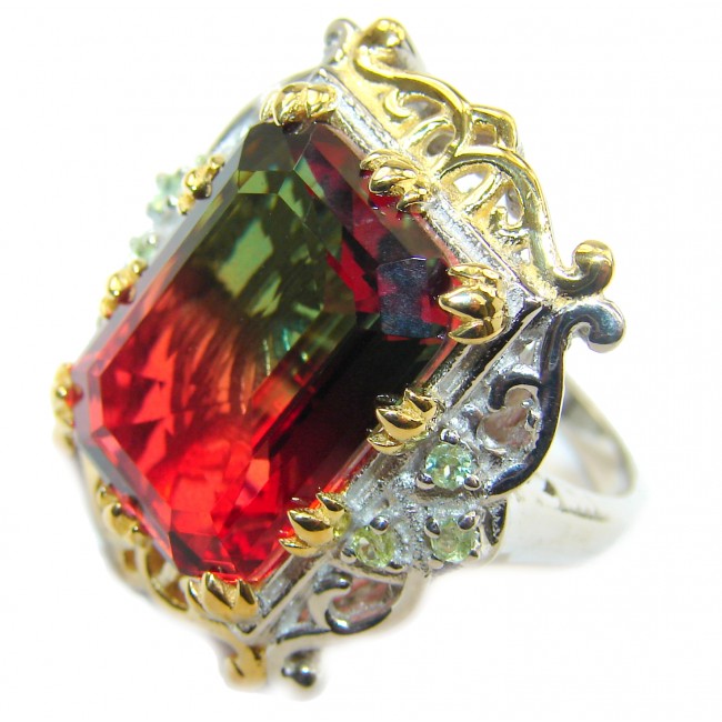 HUGE Emerald cut Watermelon Tourmaline color Topaz 18 K Gold over .925 Sterling Silver handcrafted Ring s. 8