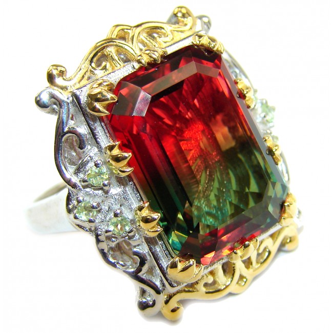 HUGE Emerald cut Watermelon Tourmaline color Topaz 18 K Gold over .925 Sterling Silver handcrafted Ring s. 8