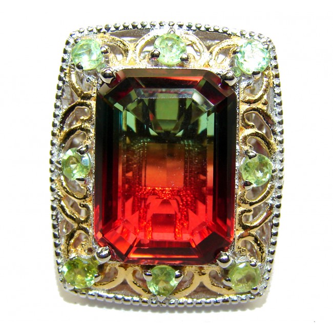 HUGE Emerald cut Watermelon Tourmaline color Topaz 18 K Gold over .925 Sterling Silver handcrafted Ring s. 7 3/4