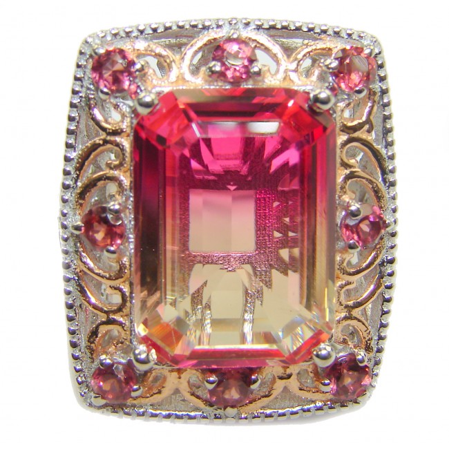 HUGE Emerald cut Pink Topaz 18K Gold over .925 Sterling Silver handcrafted Ring s. 8 1/4