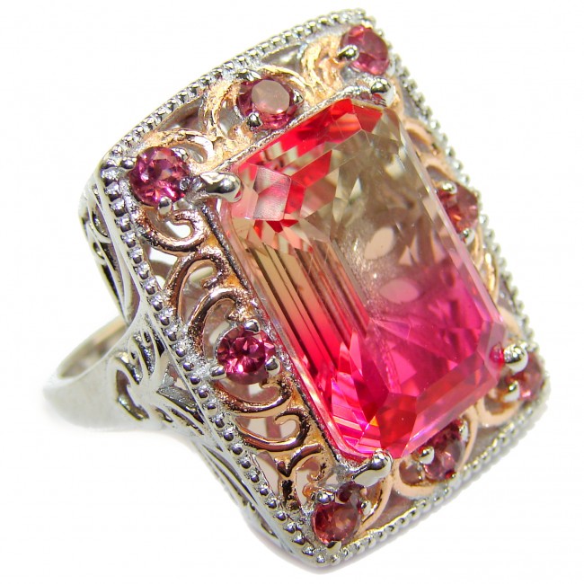HUGE Emerald cut Pink Topaz 18K Gold over .925 Sterling Silver handcrafted Ring s. 8 1/4