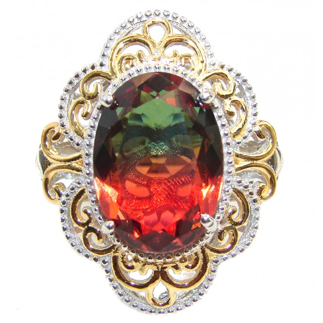 HUGE Top Quality Magic Volcanic Pink Tourmaline Topaz 18K Gold over .925 Sterling Silver handcrafted Ring s. 8 1/4