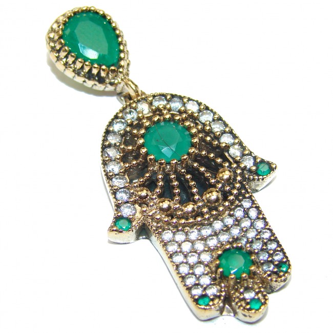Victorian Style protective Hamsa Hand created Emerald Sterling Silver Pendant