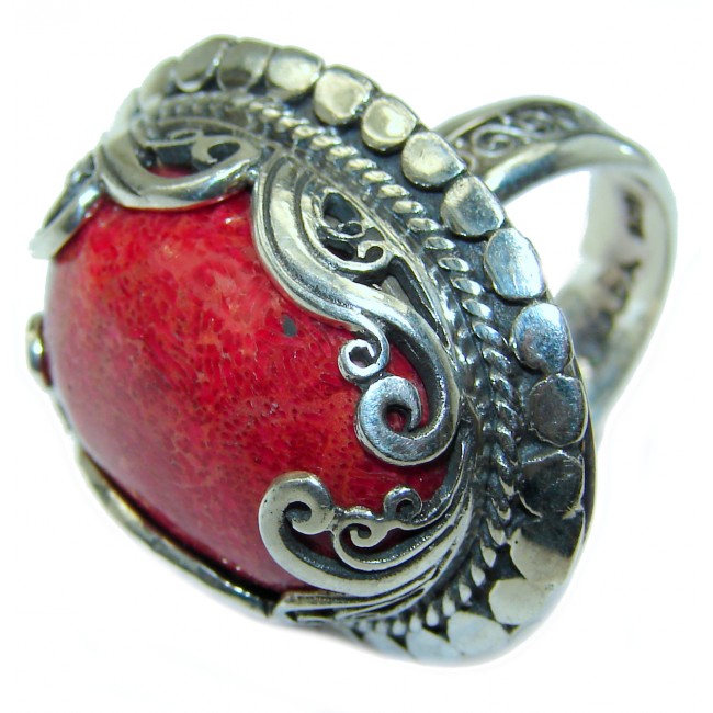 LARGE Natural Fossilized Coral .925 Sterling Silver handmade ring s. 7