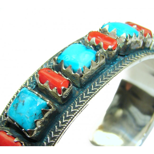 Jumbo Boho Chic Genuine Turquoise Coral .925 Sterling Silver handmade Bracelet / Cuff