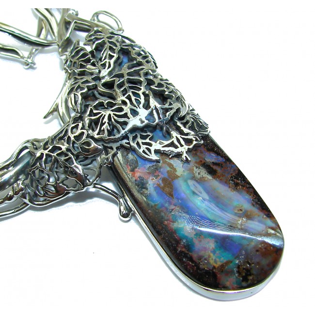 Spectacular Rustic Style Australian Boulder Opal .925 Sterling Silver brilliantly handcrafted necklace