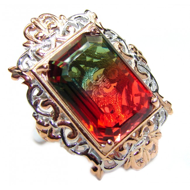 HUGE Emerald cut Watermelon Tourmaline color Topaz 18 K Gold over .925 Sterling Silver handcrafted Ring s. 8 1/4