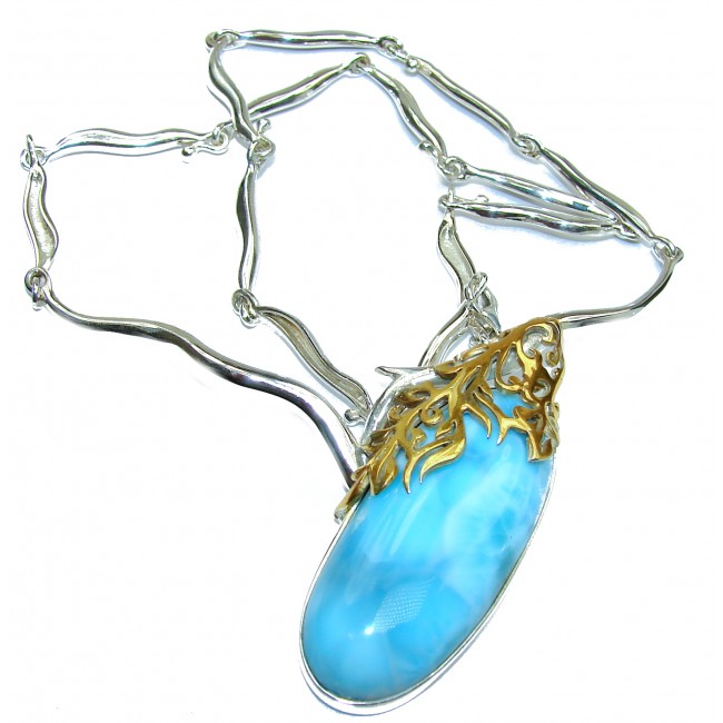 Huge Best quality authentic Larimar 18K Gold over .925 Sterling Silver handmade necklace