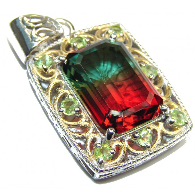 Deluxe Emerald cut Tourmaline color Topaz 18K Gold over .925 Sterling Silver handmade Pendant