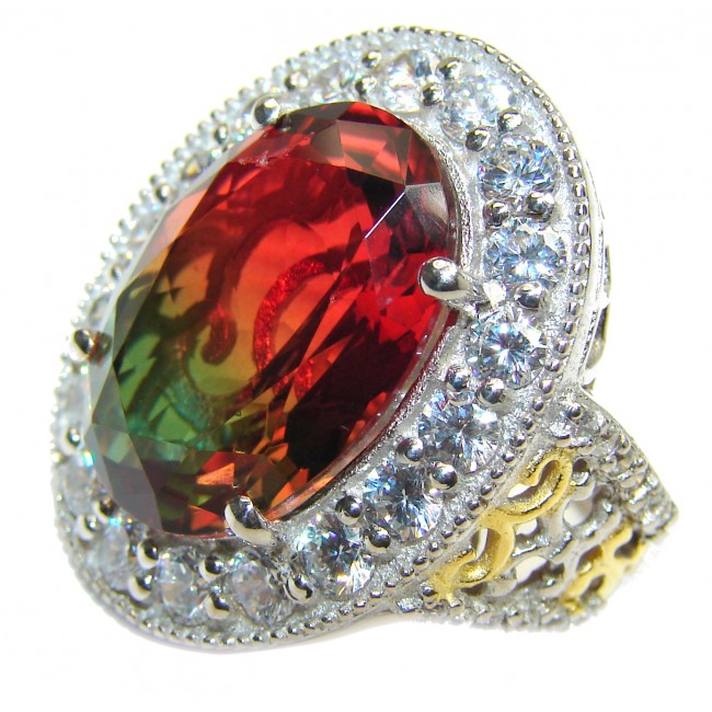 HUGE Watermelon Tourmaline color Topaz 18K Gold over .925 Sterling Silver handcrafted Ring s. 6 3/4