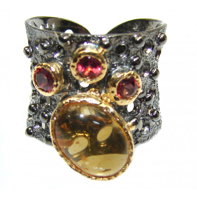 Genuine 28 ct Yellow Garnet 18ct Gold Rhodium over .925 Sterling Silver handmade Cocktail Ring s. 7 adjustable
