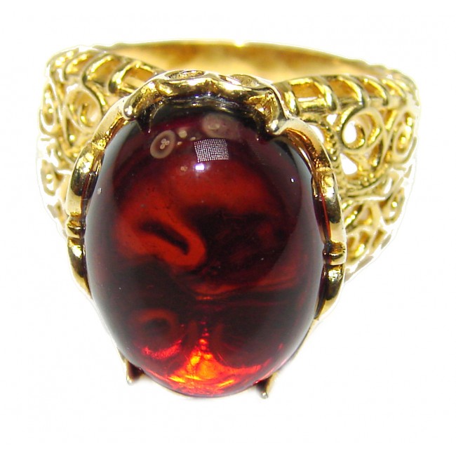 Genuine Cherry Baltic Polish Amber 18kGold .925 Sterling Silver handmade Ring size 6