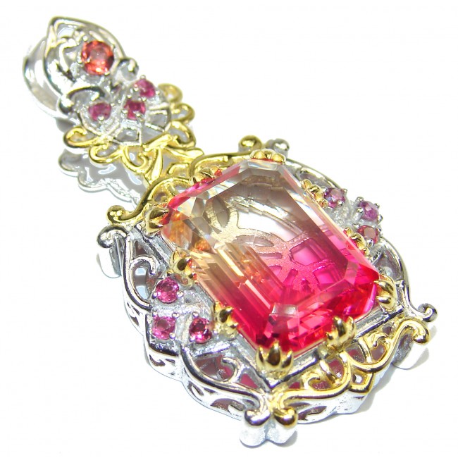 Deluxe emerald cut Pink Topaz 18K Gold over .925 Sterling Silver handmade Pendant