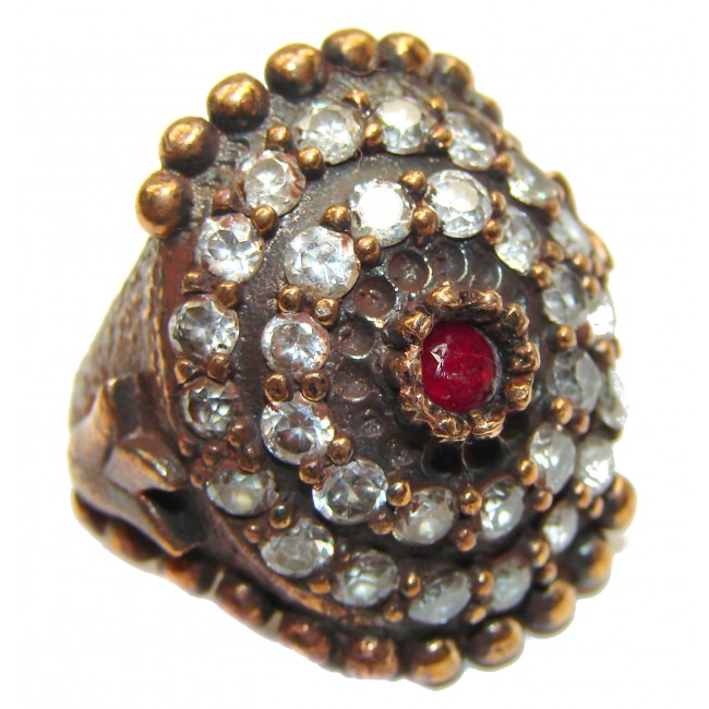 Large Victorian Style created Ruby & White Topaz Sterling Silver ring; s. 6 1/4