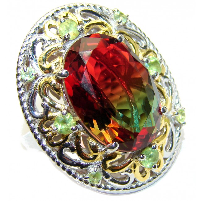 HUGE Watermelon Tourmaline color Topaz 18K Gold over .925 Sterling Silver handcrafted Ring s. 6