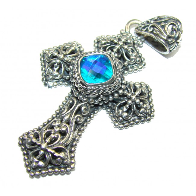 Holy Cross genuine Blue Aqua Topaz .925 Sterling Silver handmade pendant