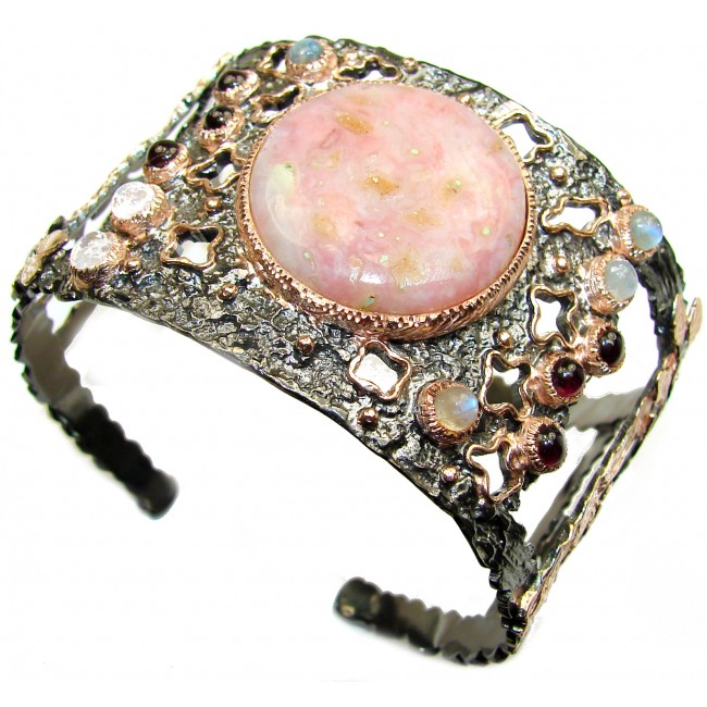 Enchanted Forest Pink Opal Rose Gold Rhodium over .925 Sterling Silver handcrafted Bracelet / Cuff