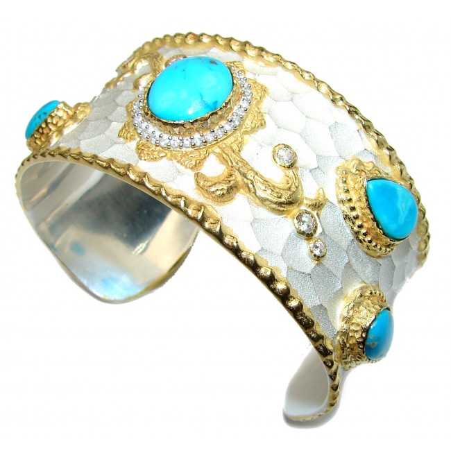 Bracelet with Sleeping Beauty Turquoise and Diamonds 24K Gold .925 Sterling Silver