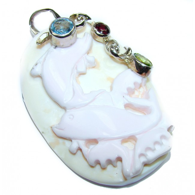 Artisan Design Carved Shell Delphines .925 Sterling Silver pendant