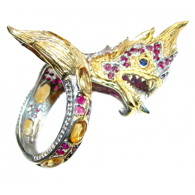 Huge Dragon Blood Red Ruby 18K Gold over .925 Sterling Silver Thai Dragon Ring s. 8