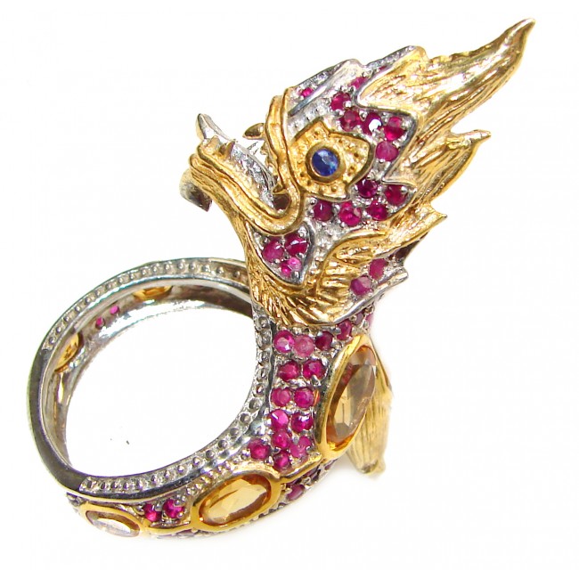 Huge Dragon Blood Red Ruby 18K Gold over .925 Sterling Silver Thai Dragon Ring s. 8