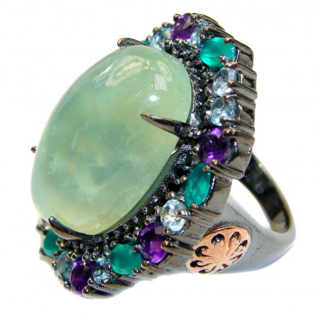 Natural Prehnite Emerald Black Rhodium over .925 Sterling Silver handcrafted Ring s. 8