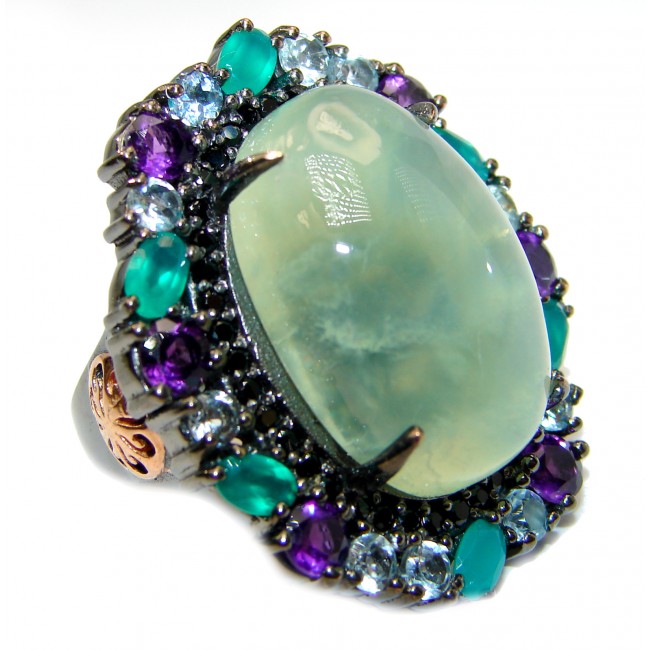 Natural Prehnite Emerald Black Rhodium over .925 Sterling Silver handcrafted Ring s. 8