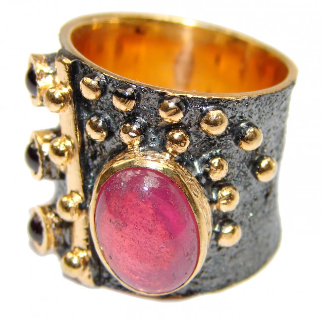 Large genuine Ruby 18K Gold over .925 Sterling Silver Statement Italy made ring; s. 6
