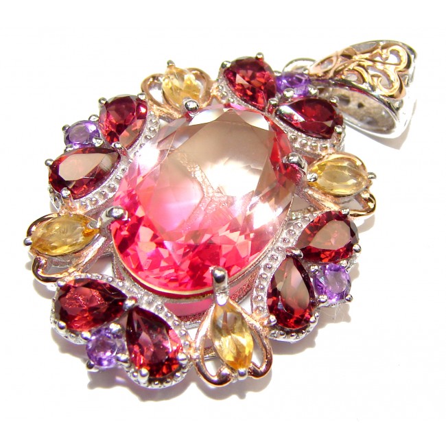 Deluxe Oval cut Pink Tourmaline color Topaz 18K Gold over .925 Sterling Silver handmade Pendant