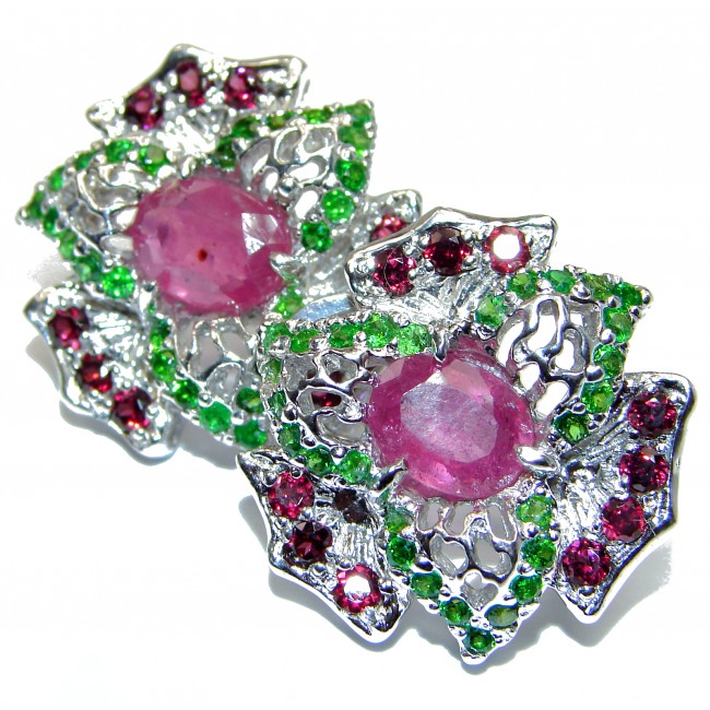 Spectacular genuine Ruby Emerald .925 Sterling Silver handcrafted Statement earrings