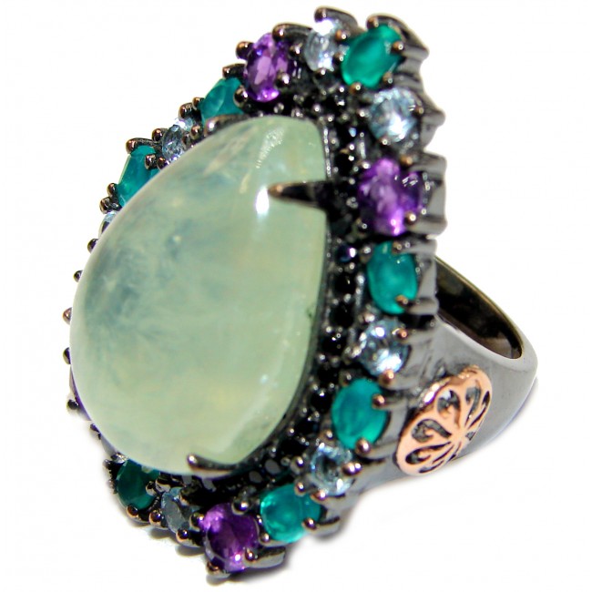 Natural Prehnite Emerald Black Rhodium over .925 Sterling Silver handcrafted Ring s. 7 1/4