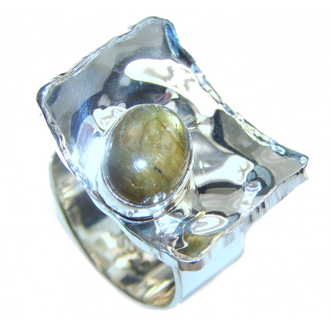 Blue Aura Fire Labradorite hammered Sterling Silver ring size 6