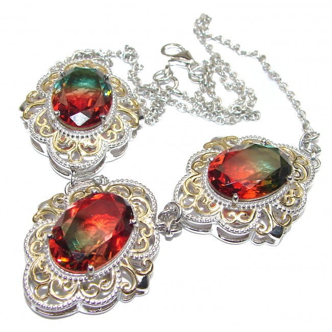 Oval cut Watermelon Tourmaline color Topaz 18K Gold over .925 Sterling Silver handcrafted necklace