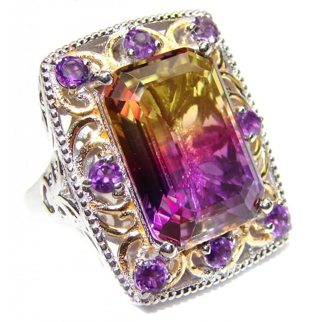 HUGE Emerald cut Ametrine 18K Gold over .925 Sterling Silver handcrafted Ring s. 7 1/2