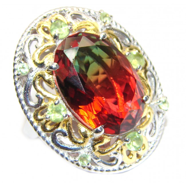 HUGE Watermelon Tourmaline color Topaz 18K Gold over .925 Sterling Silver handcrafted Ring s. 7