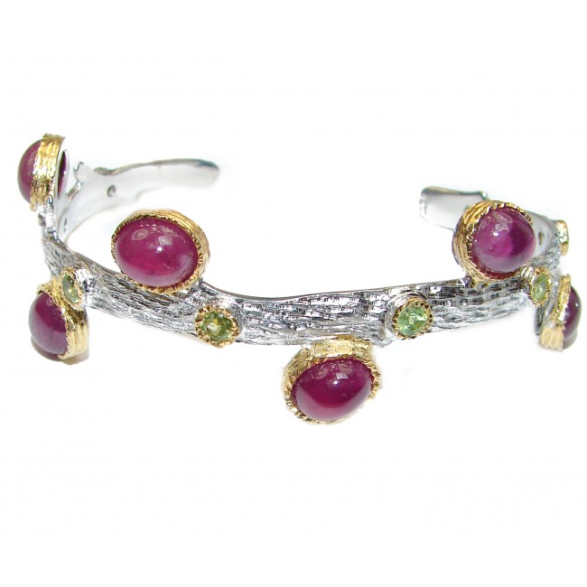 Posh authentic Red Ruby 18k Gold over .925 Sterling Silver handcrafted Statement Bracelet / Cuff