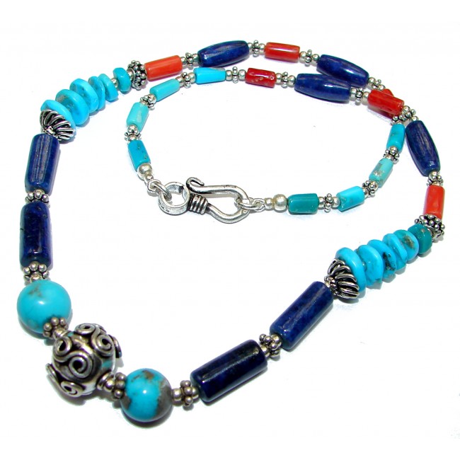 Southwest Design Blue Turquoise & Fossilized Coral Sterling Silver Necklace