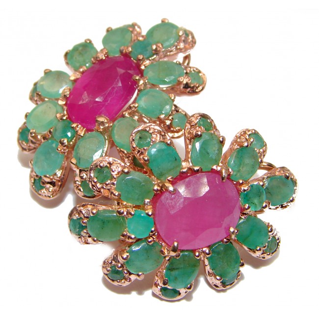 Spectacular genuine Ruby Emerald 18K Gold over .925 Sterling Silver handcrafted Statement earrings