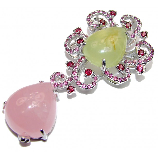 Oversized Rose Quartz Ruby Prehnite .925 Sterling Silver handcrafted Pendant- PIN