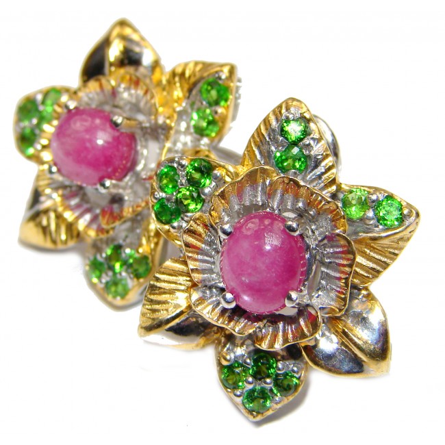 Spectacular genuine Ruby Emerald 18ct Gold over .925 Sterling Silver handcrafted Statement earrings