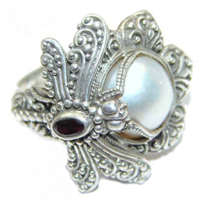 Dragonfly Pearl .925 Sterling Silver handmade ring size 9