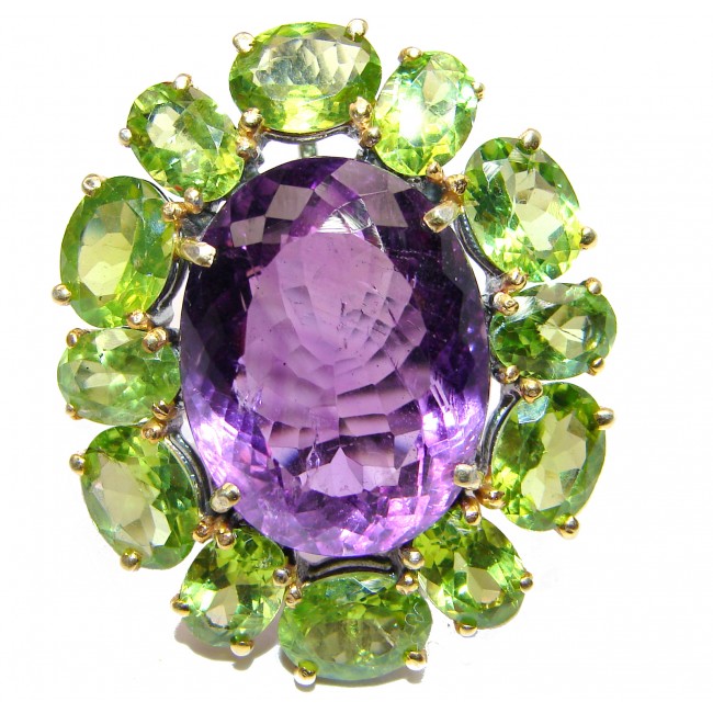 Large Genuine Amethyst Peridot .925 Sterling Silver handcrafted Statement Ring size 7 1/4