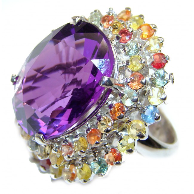 Large Genuine Amethyst Tourmaline .925 Sterling Silver handcrafted Statement Ring size 7
