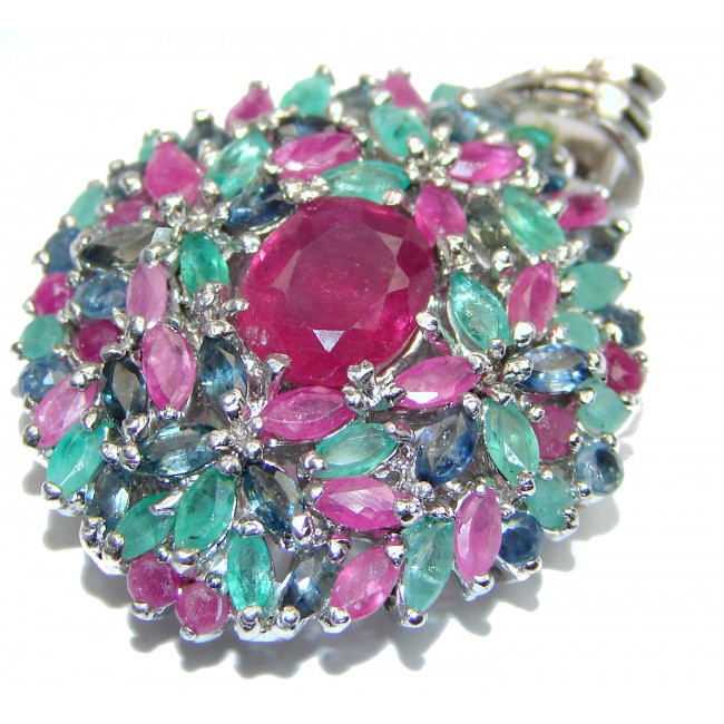 Spectacular Genuine Ruby Emerald Sapphire .925 Sterling Silver handmade Pendant