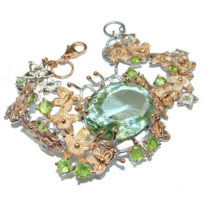 Baroque Style 88ctw Green Amethyst Rose Gold over .925 Sterling Silver handmade Bracelet